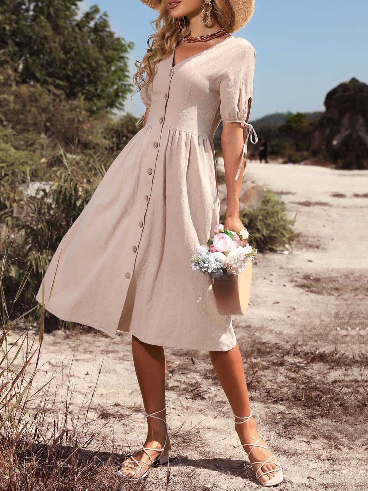 DressBetty - Women Vintage Holiday V Neck Buttons High Waist A-Line Casual Dress - Seldom Seen Styles