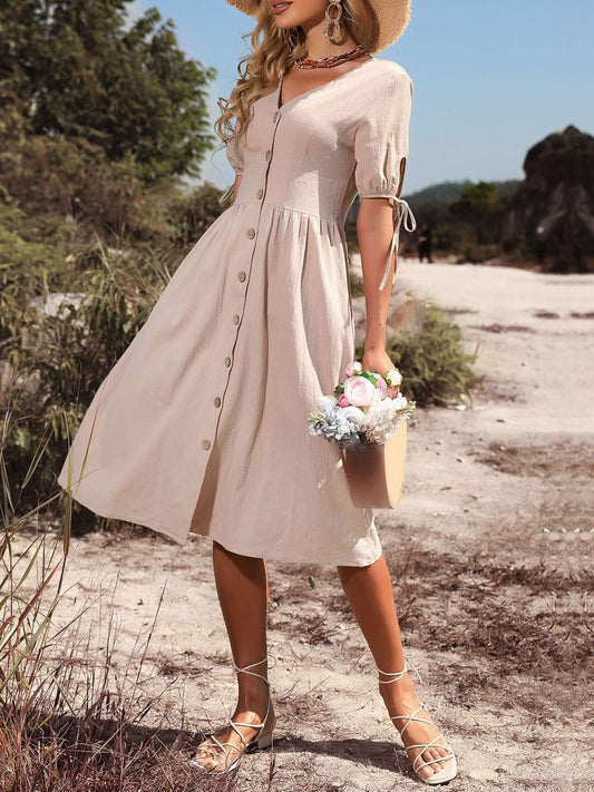 DressBetty - Women Vintage Holiday V Neck Buttons High Waist A-Line Casual Dress - Seldom Seen Styles