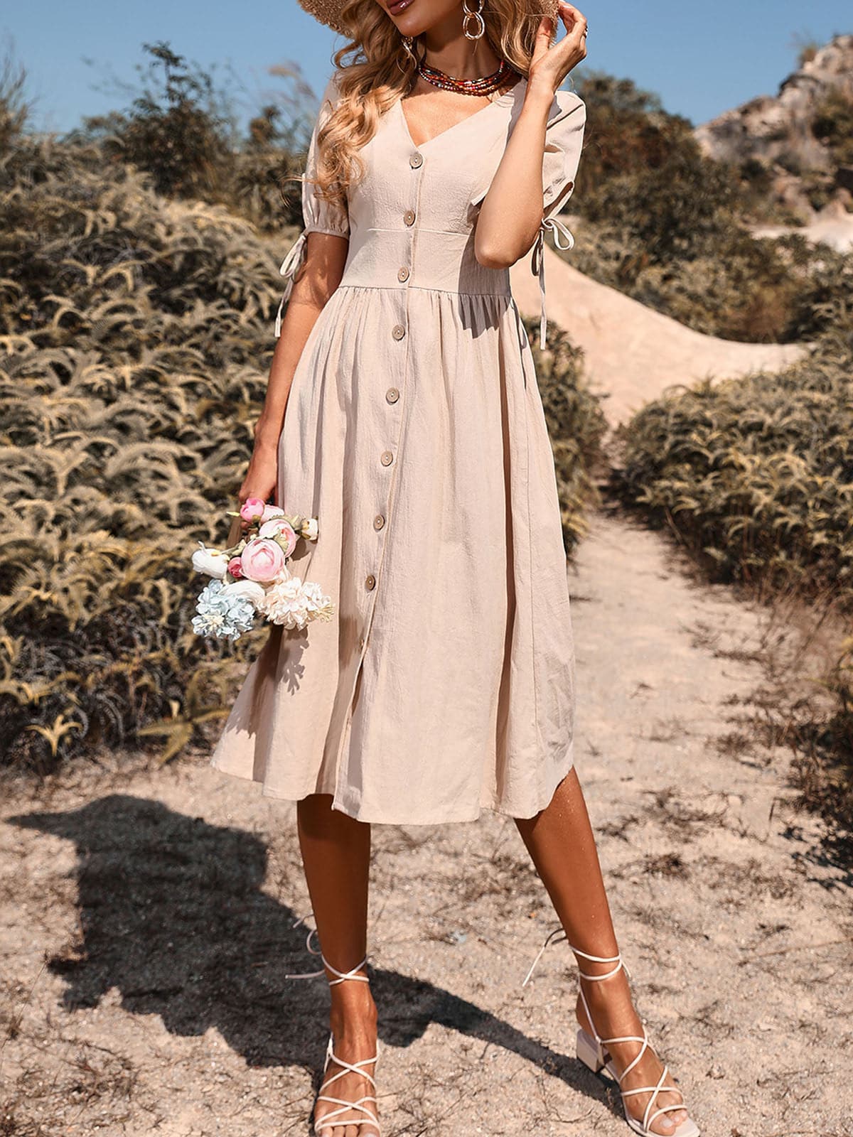 DressBetty - Women Vintage Holiday V Neck Buttons High Waist A-Line Casual Dress - Seldom Seen Styles