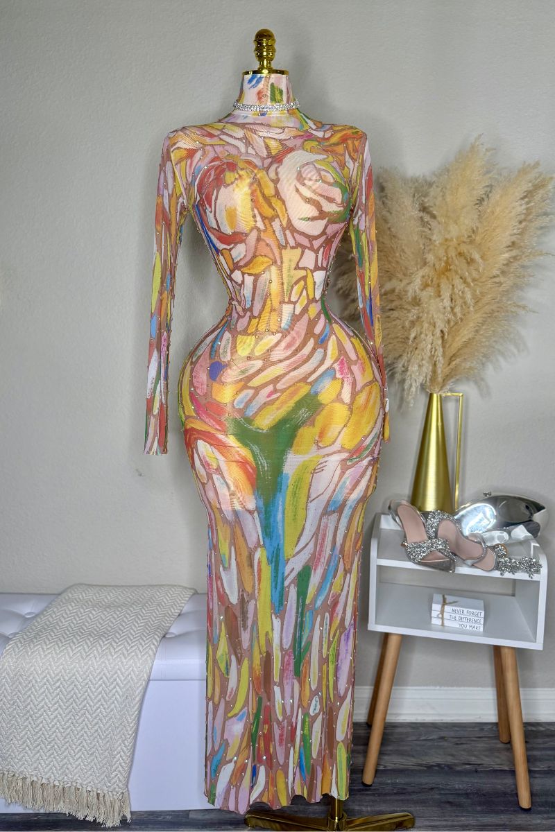 Ebony Sparkle Dress Long-sleeve ink painting net mesh designer performance dress sexy high-elastic famous person birthday party dress - Seldom Seen Styles