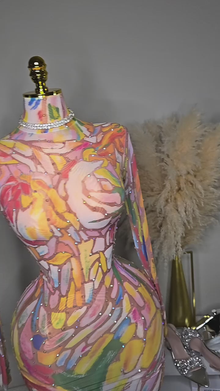 Ebony Sparkle Dress Long-sleeve ink painting net mesh designer performance dress sexy high-elastic famous person birthday party dress - Seldom Seen Styles