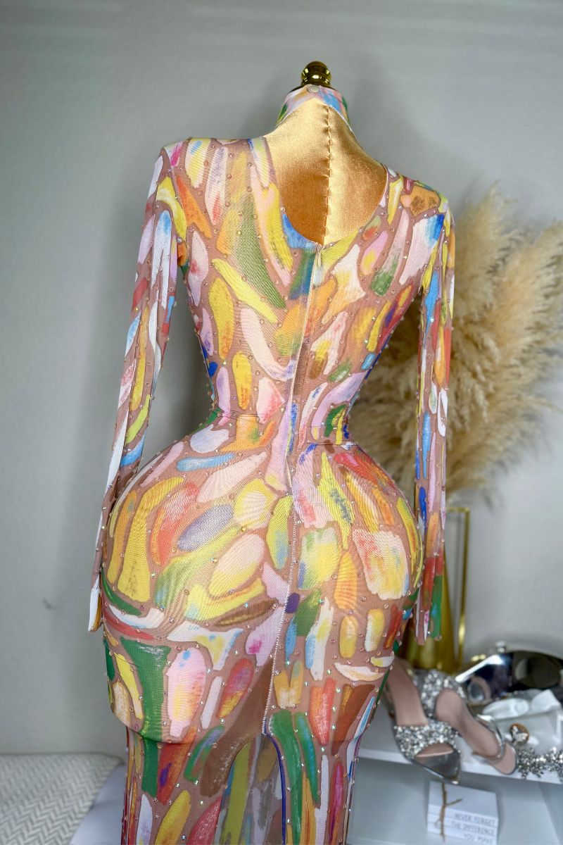 Ebony Sparkle Dress Long-sleeve ink painting net mesh designer performance dress sexy high-elastic famous person birthday party dress - Seldom Seen Styles