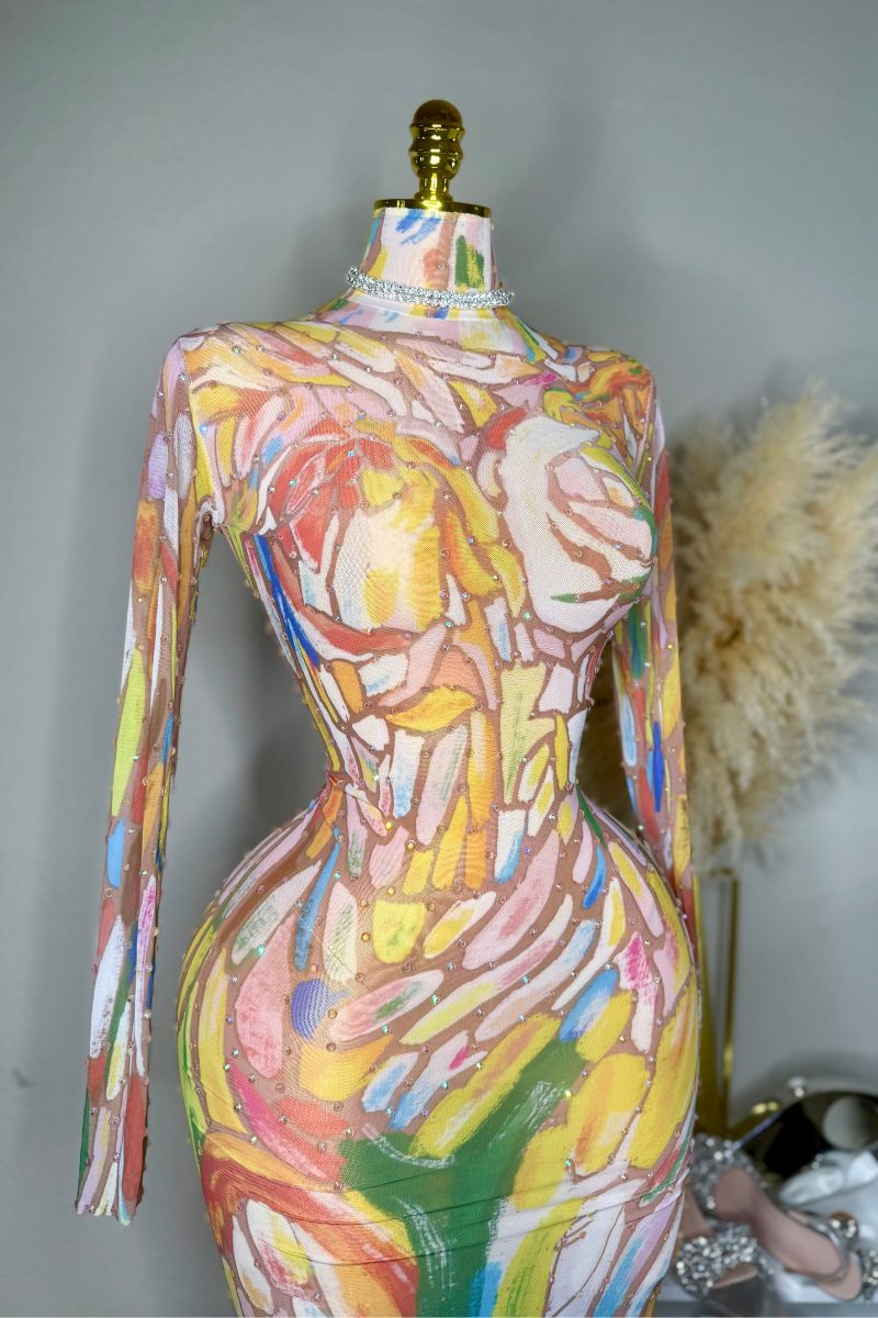 Ebony Sparkle Dress Long-sleeve ink painting net mesh designer performance dress sexy high-elastic famous person birthday party dress - Seldom Seen Styles