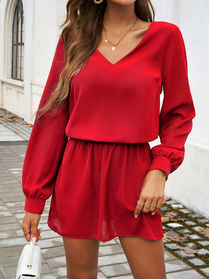 Elasticity Pleated Solid Color A-Line High Waisted V-Neck Mini Dresses - Seldom Seen Styles