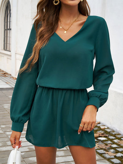 Elasticity Pleated Solid Color A-Line High Waisted V-Neck Mini Dresses - Seldom Seen Styles