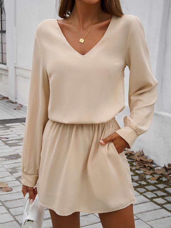 Elasticity Pleated Solid Color A-Line High Waisted V-Neck Mini Dresses - Seldom Seen Styles