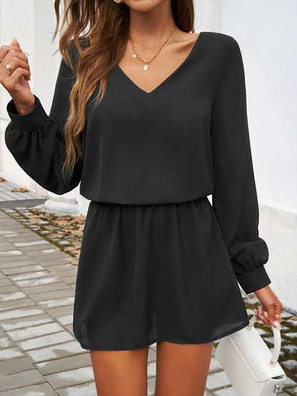 Elasticity Pleated Solid Color A-Line High Waisted V-Neck Mini Dresses - Seldom Seen Styles