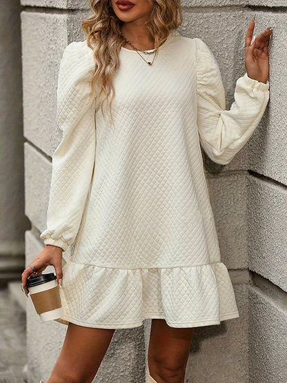 Elasticity Pleated Solid Color Split-Joint A-Line Long Sleeves Round-Neck Mini Dresses - Seldom Seen Styles