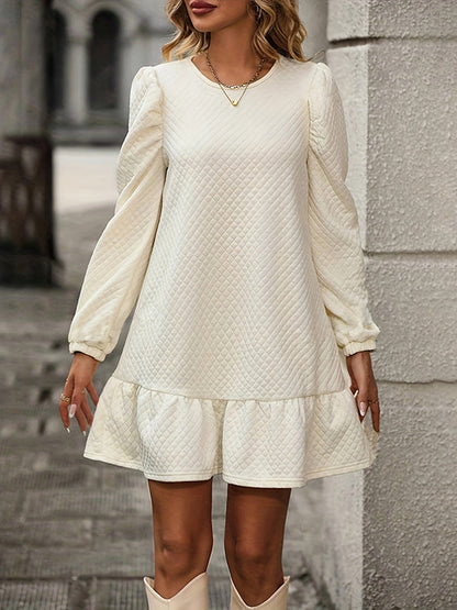 Elasticity Pleated Solid Color Split-Joint A-Line Long Sleeves Round-Neck Mini Dresses - Seldom Seen Styles