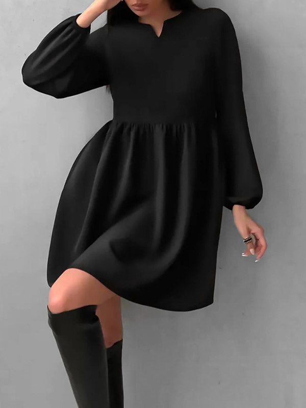 Elasticity Pleated Solid Color Split-Joint Loose Puff Sleeves Round-Neck Mini Dresses - Seldom Seen Styles