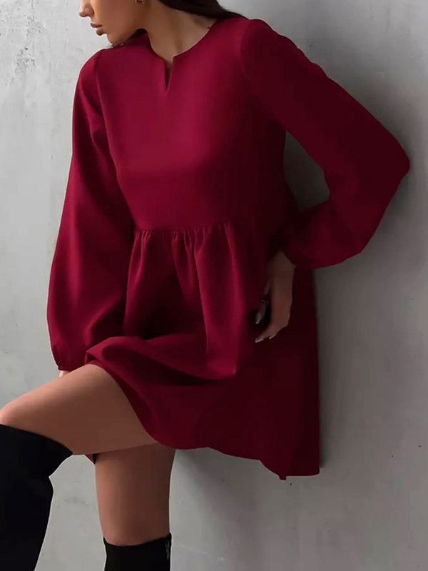 Elasticity Pleated Solid Color Split-Joint Loose Puff Sleeves Round-Neck Mini Dresses - Seldom Seen Styles