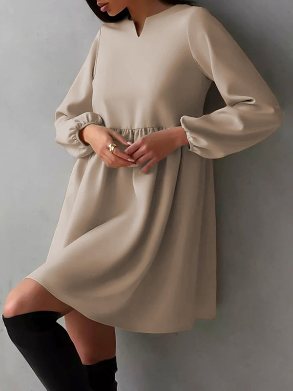 Elasticity Pleated Solid Color Split-Joint Loose Puff Sleeves Round-Neck Mini Dresses - Seldom Seen Styles