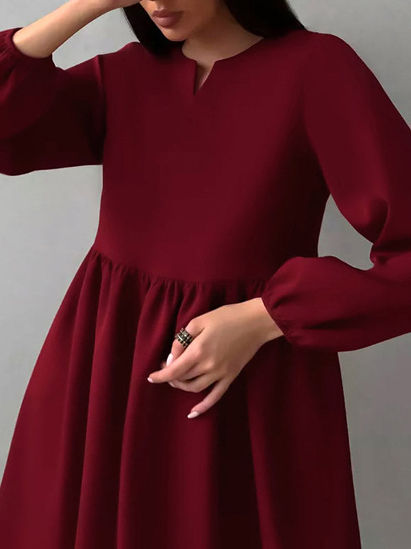 Elasticity Pleated Solid Color Split-Joint Loose Puff Sleeves Round-Neck Mini Dresses - Seldom Seen Styles