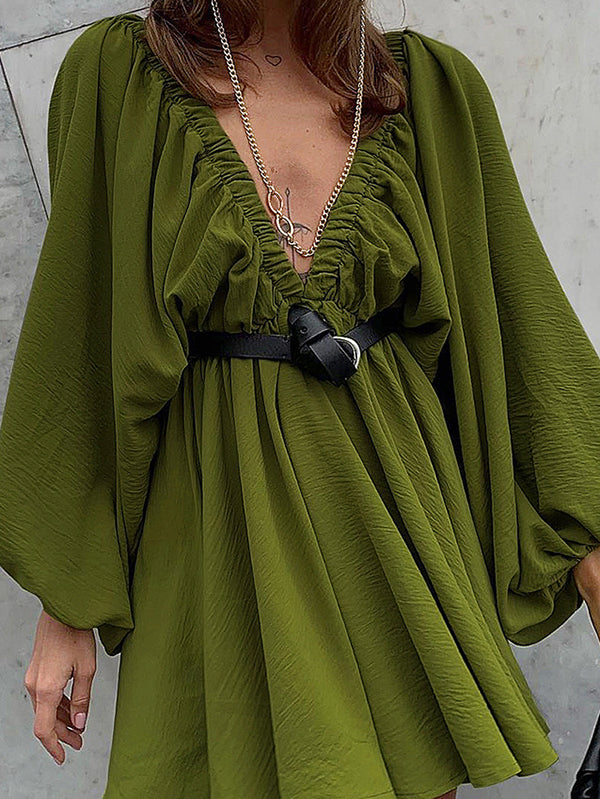 Elasticity Solid Color V-back Long Sleeves Loose Deep V-Neck Mini Dresses - Seldom Seen Styles