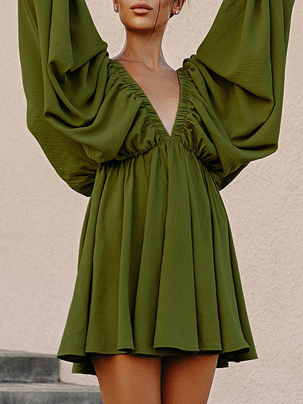 Elasticity Solid Color V-back Long Sleeves Loose Deep V-Neck Mini Dresses - Seldom Seen Styles