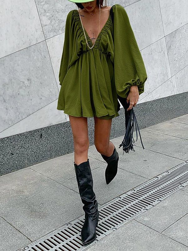 Elasticity Solid Color V-back Long Sleeves Loose Deep V-Neck Mini Dresses - Seldom Seen Styles