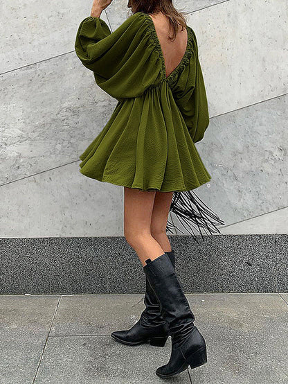 Elasticity Solid Color V-back Long Sleeves Loose Deep V-Neck Mini Dresses - Seldom Seen Styles
