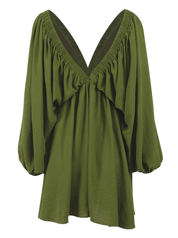 Elasticity Solid Color V-back Long Sleeves Loose Deep V-Neck Mini Dresses - Seldom Seen Styles