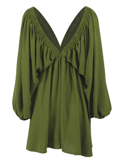 Elasticity Solid Color V-back Long Sleeves Loose Deep V-Neck Mini Dresses - Seldom Seen Styles