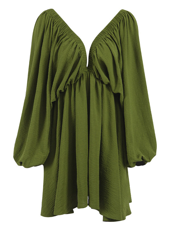 Elasticity Solid Color V-back Long Sleeves Loose Deep V-Neck Mini Dresses - Seldom Seen Styles