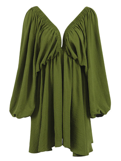 Elasticity Solid Color V-back Long Sleeves Loose Deep V-Neck Mini Dresses - Seldom Seen Styles
