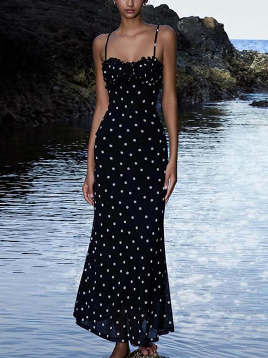 Elegant INS French Slim Backless Polka Dot Suspender Maxi Dress - Seldom Seen Styles