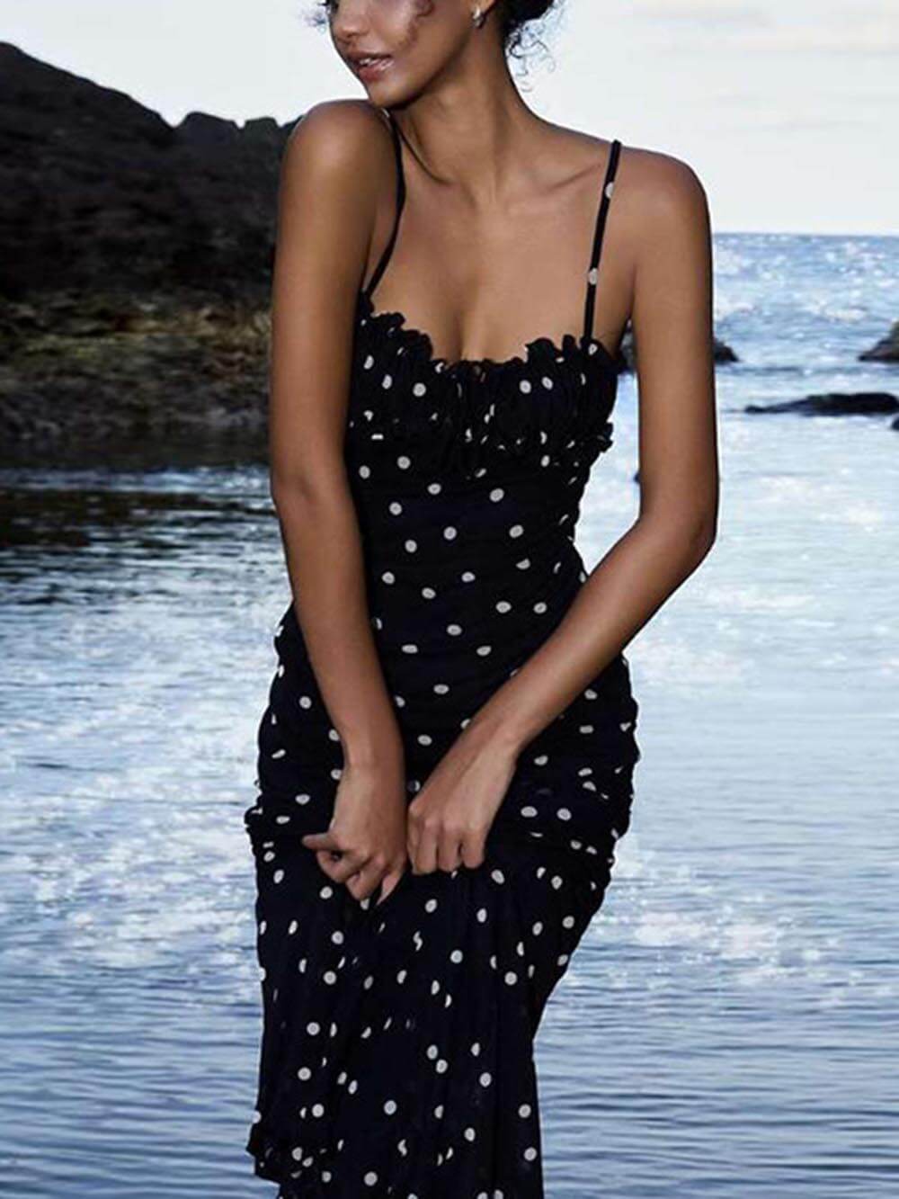 Elegant INS French Slim Backless Polka Dot Suspender Maxi Dress - Seldom Seen Styles