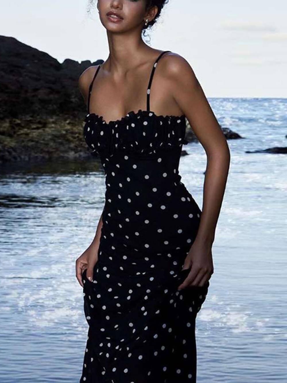 Elegant INS French Slim Backless Polka Dot Suspender Maxi Dress - Seldom Seen Styles