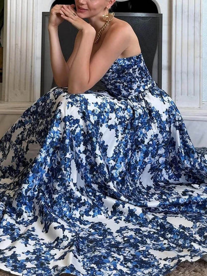 Elegant Strapless Printed String Maxi Dress - Seldom Seen Styles