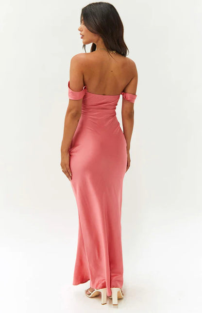 Ella Pink Off Shoulder Formal Dress off-Shoulder Tube Top Satin Sheath Backless Women's Long Dress Evening Dress - Seldom Seen Styles