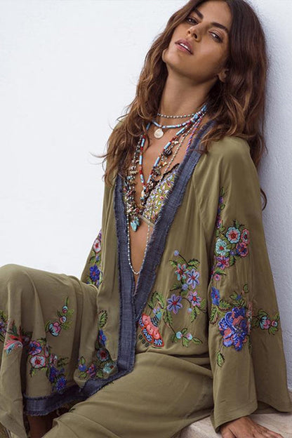Embroidered Denim-trimmed Beach Loose Swimwear Bikini Cover Up - Seldom Seen Styles