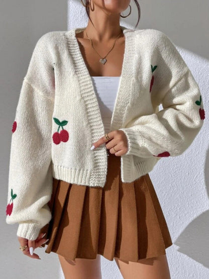 Embroidered Open Front Women's Graphic Cherry Cardigan Open Front Cable Knit Lantern Sleeve Cropped Cardigan Sweater - Seldom Seen Styles