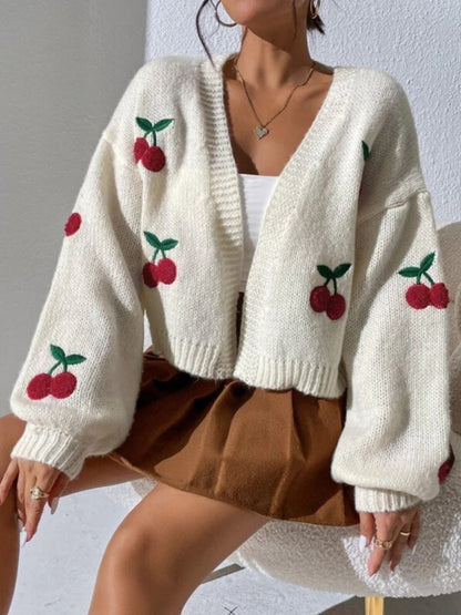 Embroidered Open Front Women's Graphic Cherry Cardigan Open Front Cable Knit Lantern Sleeve Cropped Cardigan Sweater - Seldom Seen Styles