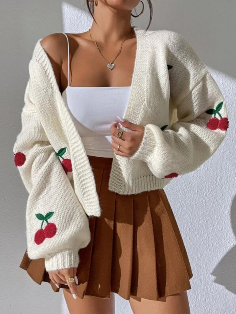 Embroidered Open Front Women's Graphic Cherry Cardigan Open Front Cable Knit Lantern Sleeve Cropped Cardigan Sweater - Seldom Seen Styles
