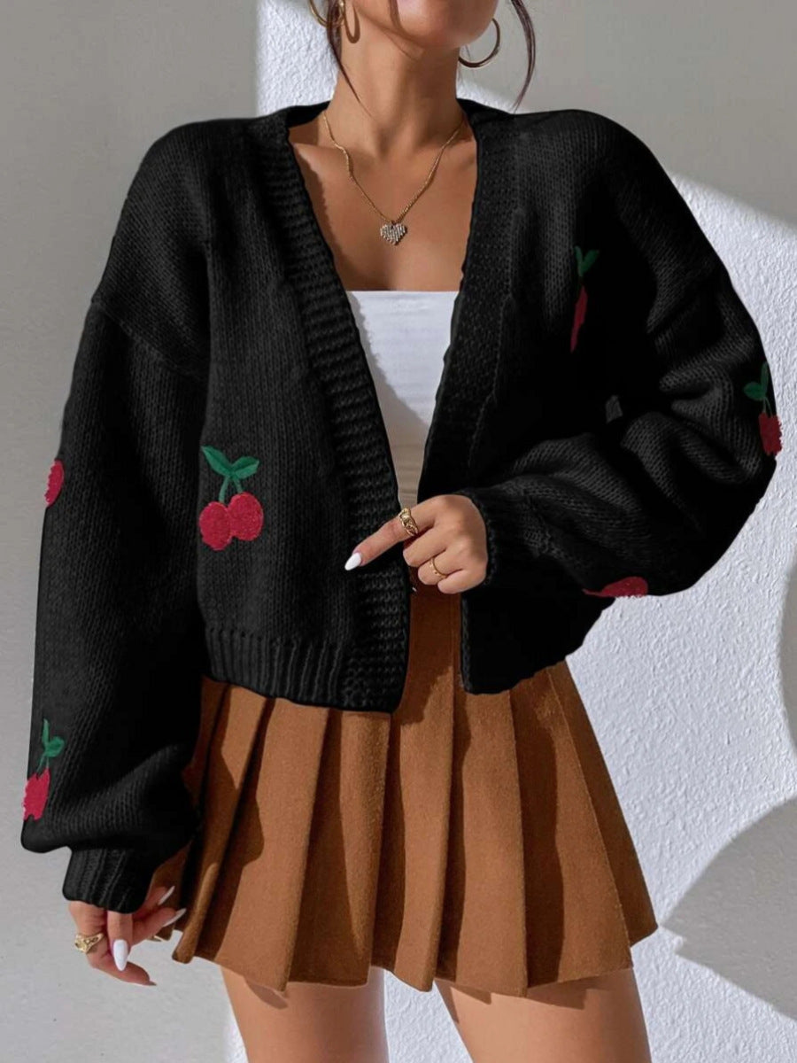 Embroidered Open Front Women's Graphic Cherry Cardigan Open Front Cable Knit Lantern Sleeve Cropped Cardigan Sweater - Seldom Seen Styles