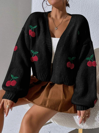 Embroidered Open Front Women's Graphic Cherry Cardigan Open Front Cable Knit Lantern Sleeve Cropped Cardigan Sweater - Seldom Seen Styles