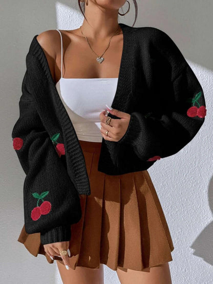 Embroidered Open Front Women's Graphic Cherry Cardigan Open Front Cable Knit Lantern Sleeve Cropped Cardigan Sweater - Seldom Seen Styles