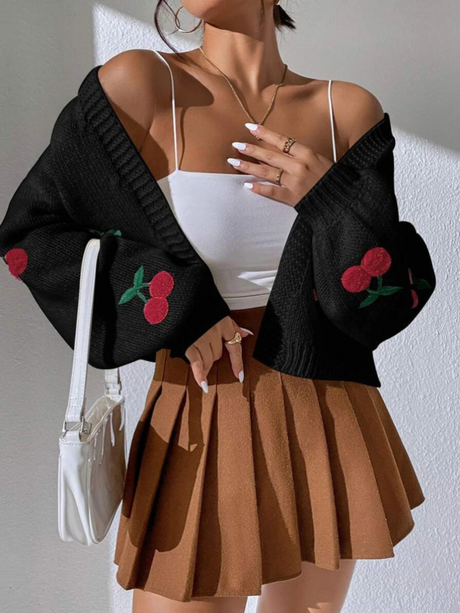 Embroidered Open Front Women's Graphic Cherry Cardigan Open Front Cable Knit Lantern Sleeve Cropped Cardigan Sweater - Seldom Seen Styles