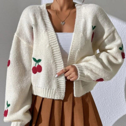 Embroidered Open Front Women's Graphic Cherry Cardigan Open Front Cable Knit Lantern Sleeve Cropped Cardigan Sweater - Seldom Seen Styles