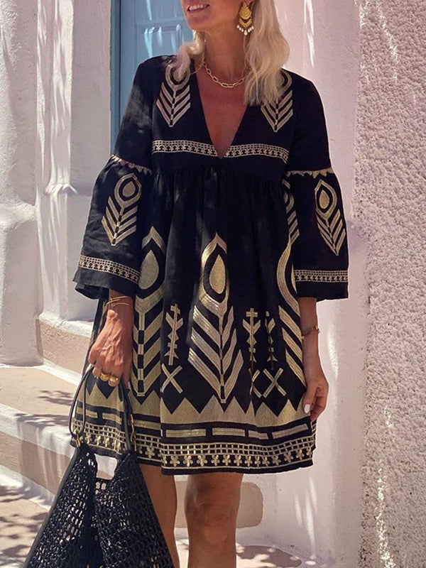 Embroidered Split-Joint Flared Sleeves Loose Deep V-Neck Mini Dresses - Seldom Seen Styles