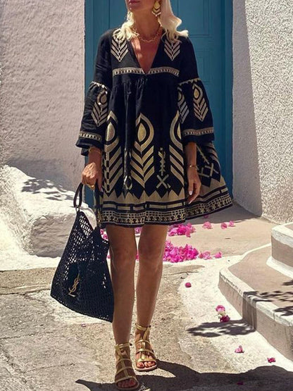 Embroidered Split-Joint Flared Sleeves Loose Deep V-Neck Mini Dresses - Seldom Seen Styles