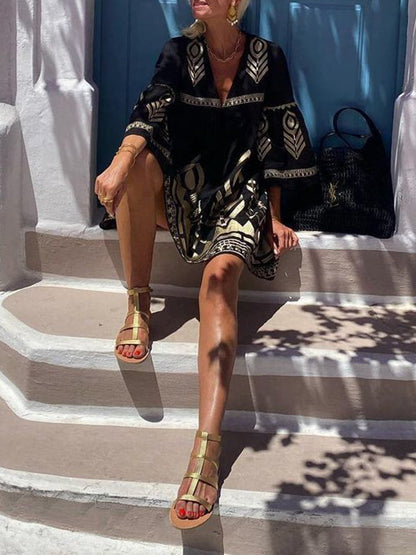 Embroidered Split-Joint Flared Sleeves Loose Deep V-Neck Mini Dresses - Seldom Seen Styles