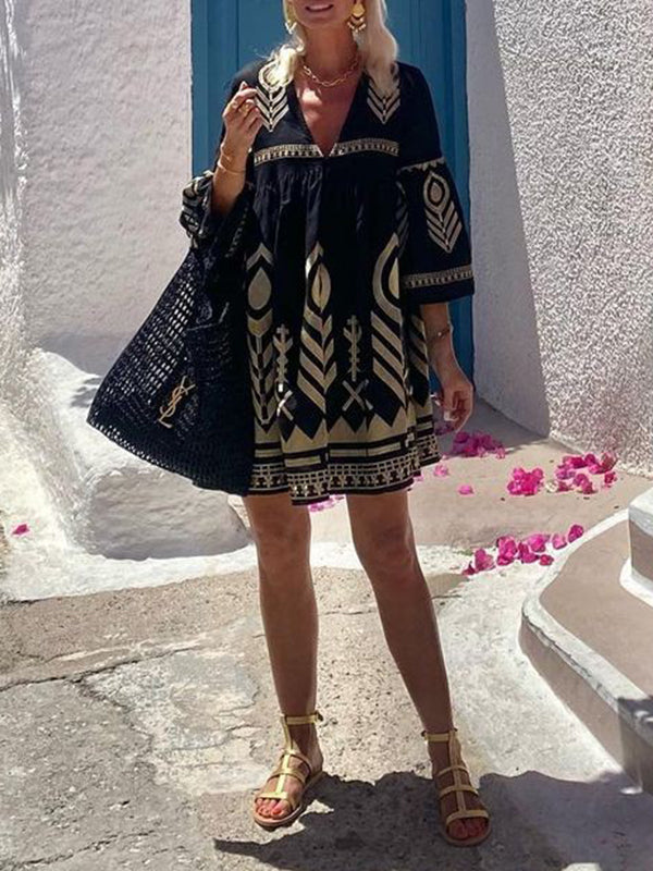 Embroidered Split-Joint Flared Sleeves Loose Deep V-Neck Mini Dresses - Seldom Seen Styles