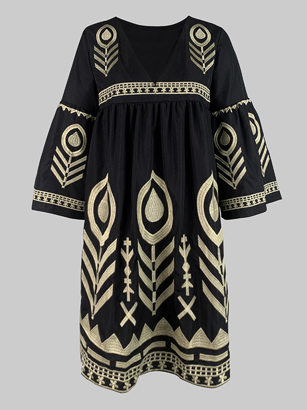 Embroidered Split-Joint Flared Sleeves Loose Deep V-Neck Mini Dresses - Seldom Seen Styles