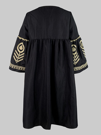 Embroidered Split-Joint Flared Sleeves Loose Deep V-Neck Mini Dresses - Seldom Seen Styles