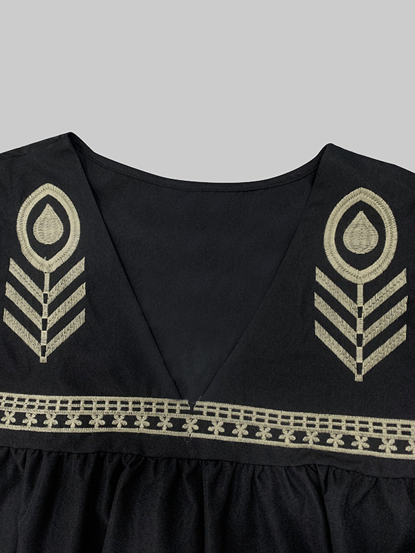 Embroidered Split-Joint Flared Sleeves Loose Deep V-Neck Mini Dresses - Seldom Seen Styles
