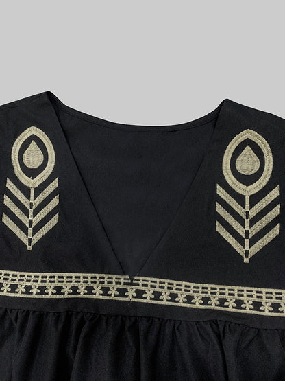 Embroidered Split-Joint Flared Sleeves Loose Deep V-Neck Mini Dresses - Seldom Seen Styles