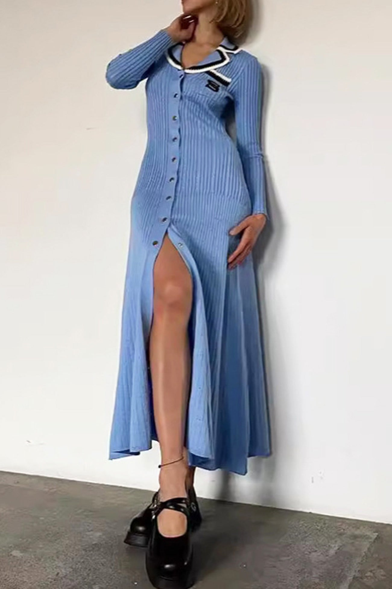 Embroidery Lapel Single-breasted Knit Dress - Seldom Seen Styles