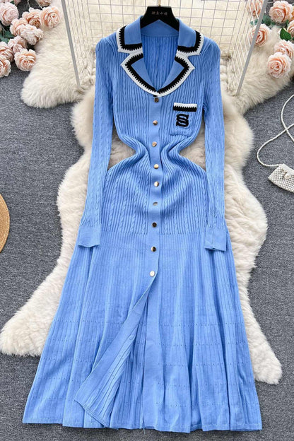 Embroidery Lapel Single-breasted Knit Dress - Seldom Seen Styles