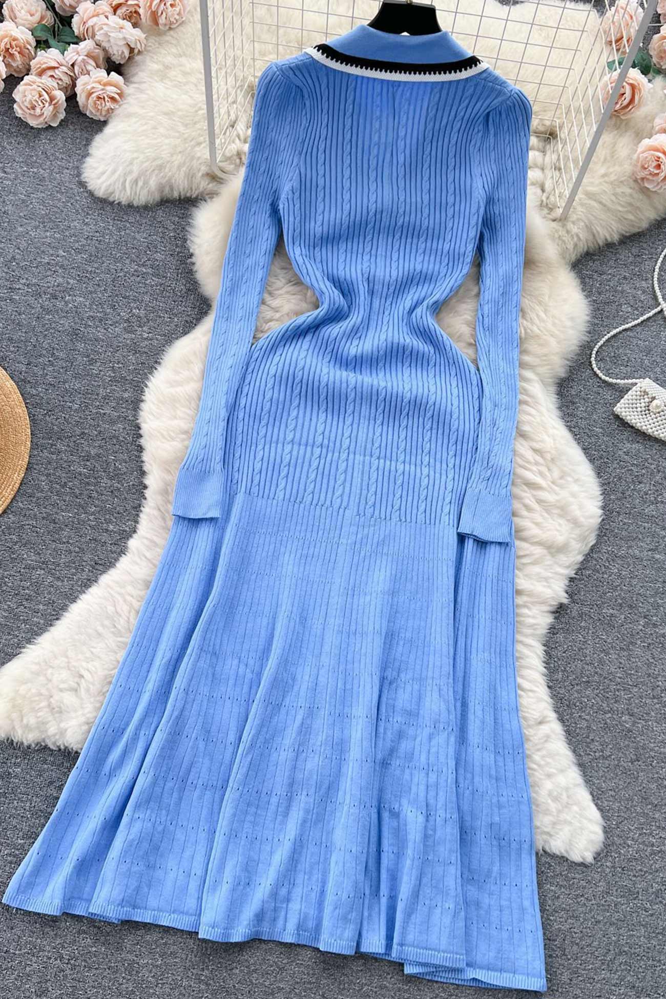 Embroidery Lapel Single-breasted Knit Dress - Seldom Seen Styles